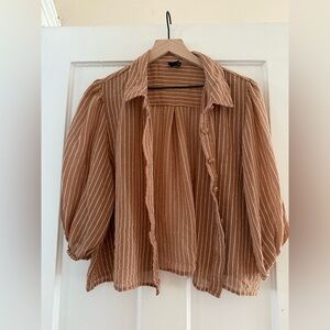 Light Brown and White Striped Textured Balloon Sleeve Blouse, XL